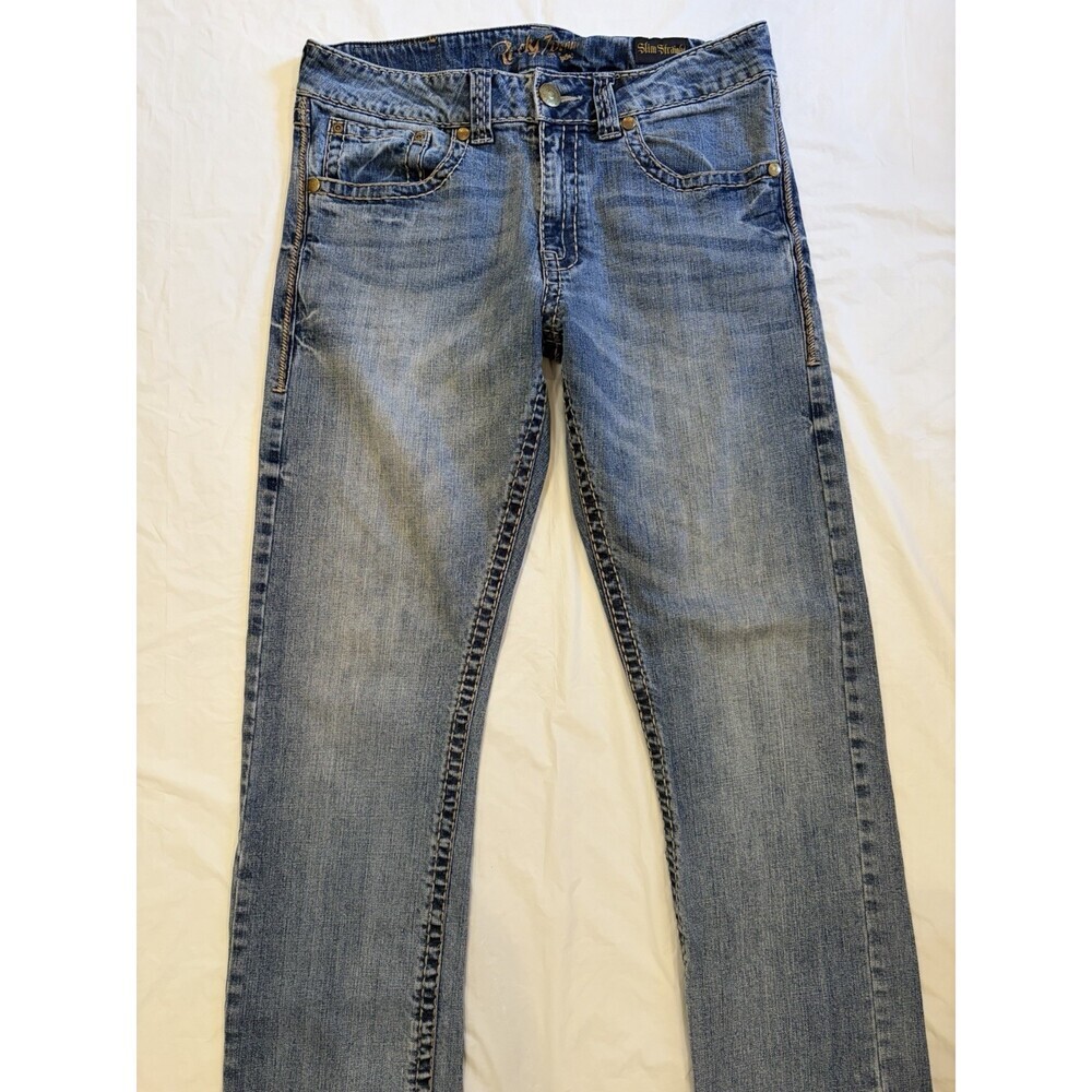 Rock 47 Denim  Wrangler Jeans Men's 34x33.5 Blue Med Wash Slim Straight - Picture 2 of 9